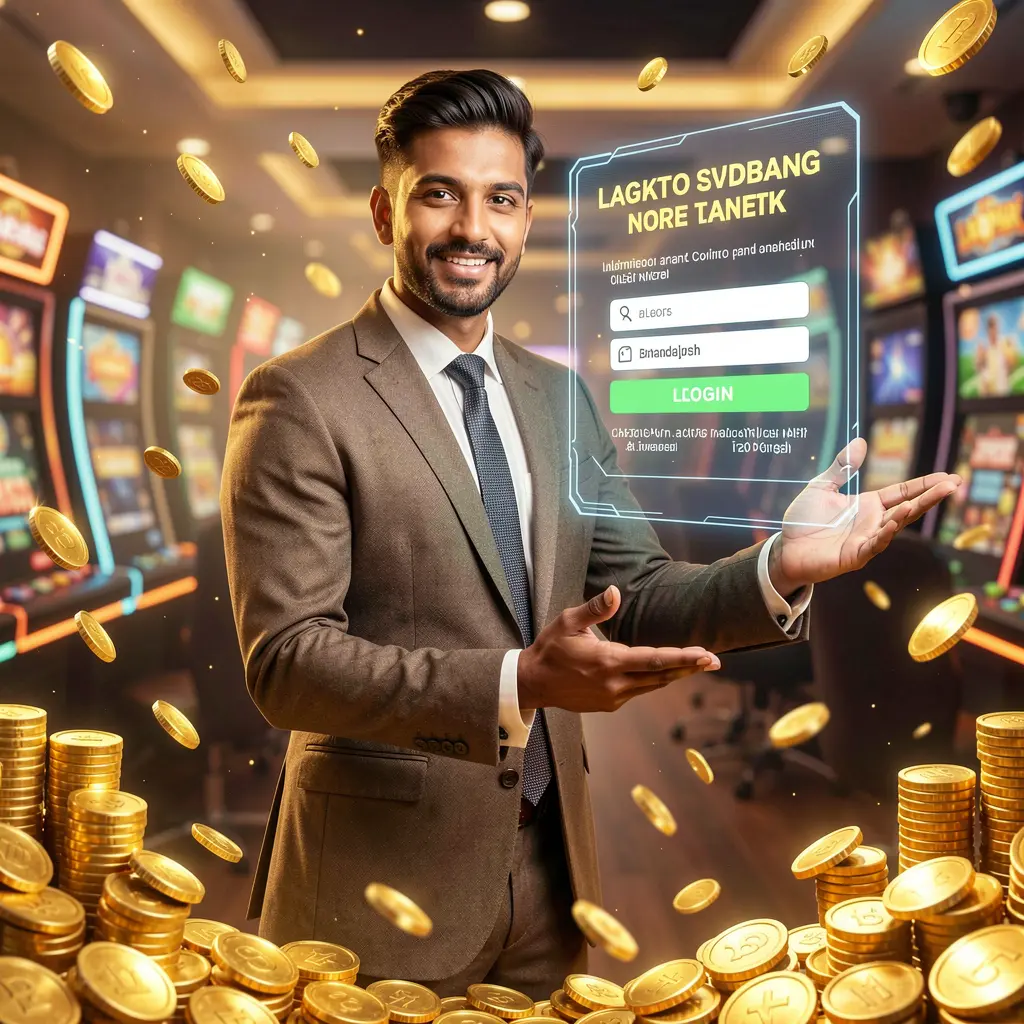 Confident Bangladeshi JY JILY dealer pointing forward with floating gold coins symbolizing premium casino access and winning opportunities