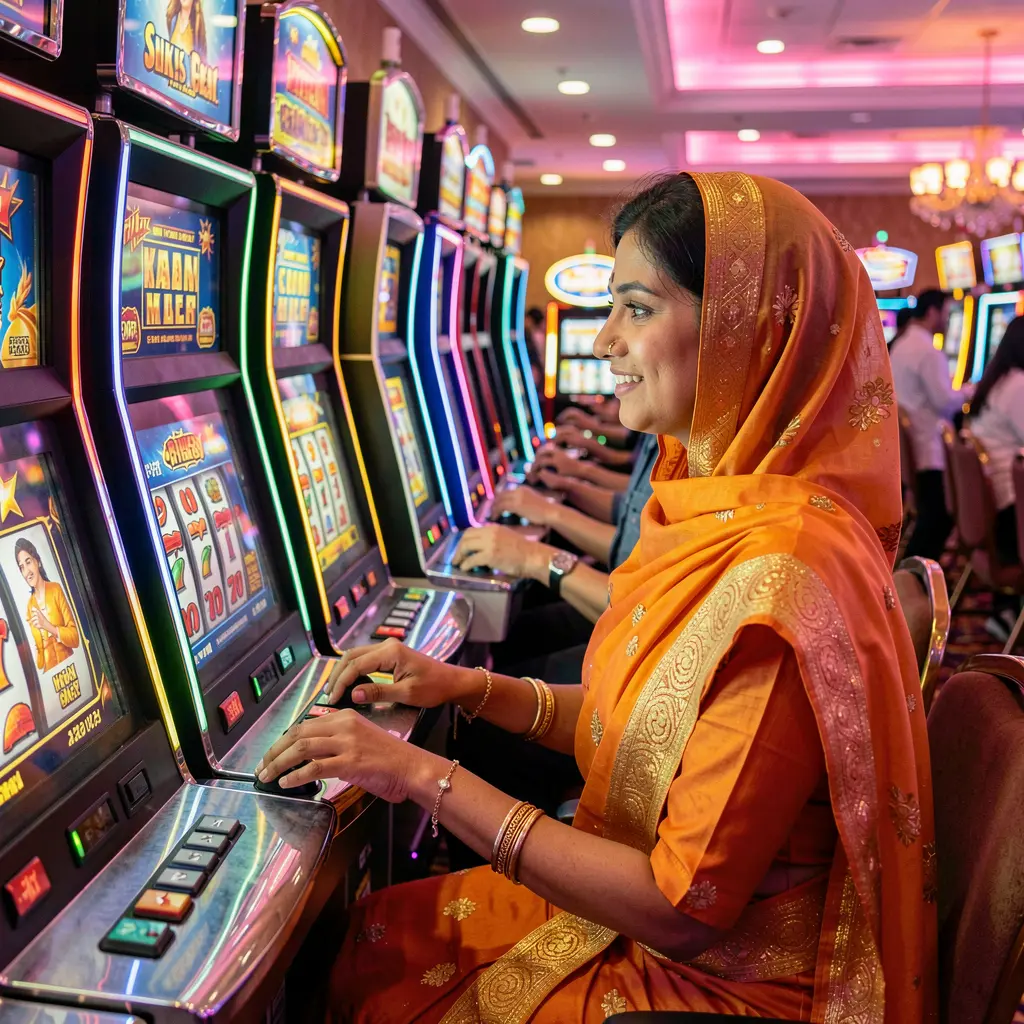 A focused Bangladeshi woman enjoying modern slot machines in a vibrant casino setting at JY JILY with colorful lights and an immersive gaming atmosphere